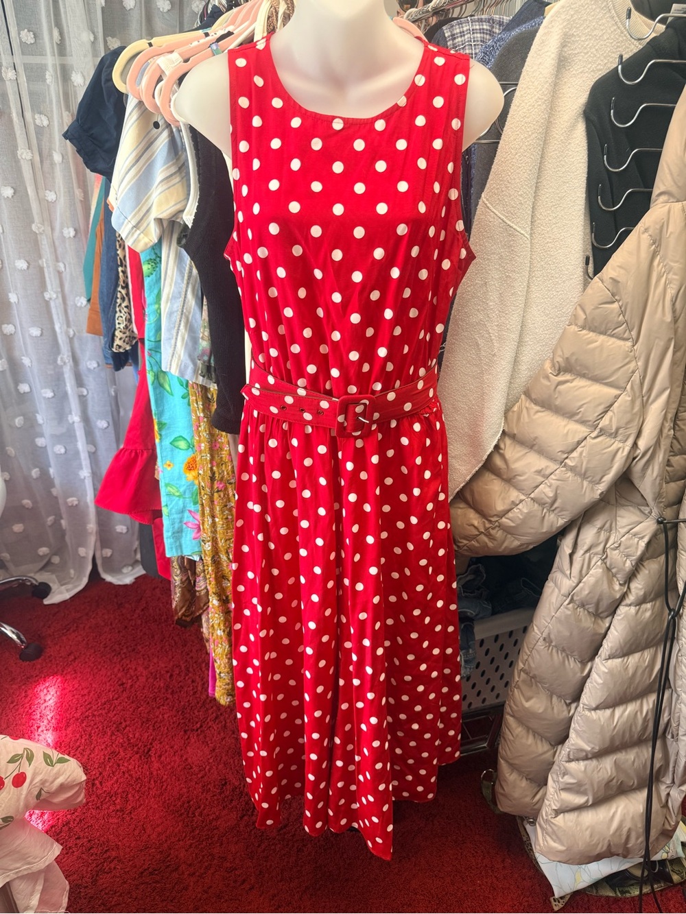 Y2K MyMichelle Red Polka Dot Sleeveless Belted Midi Dress